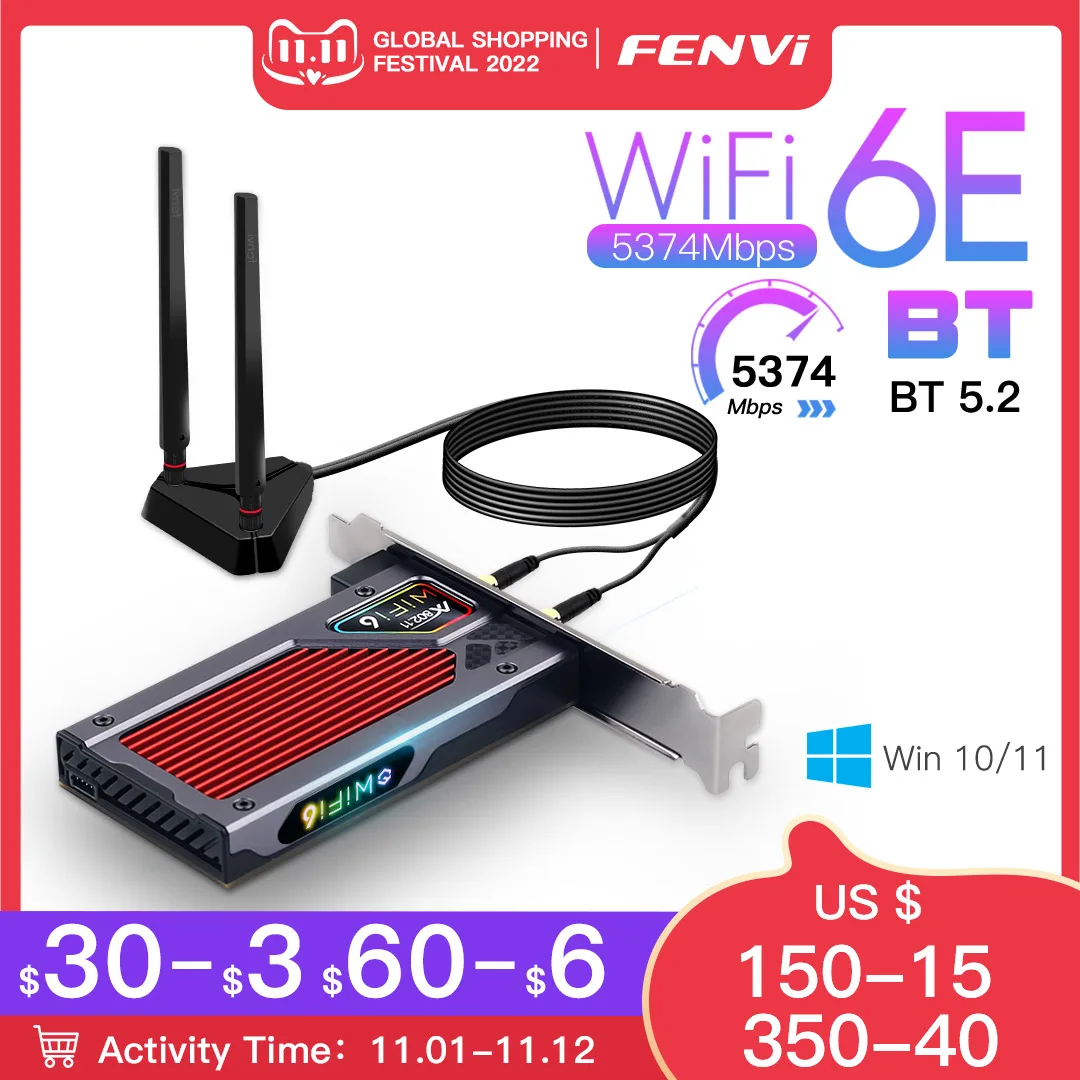 New Fenvi FV-AXE3000 Wi-Fi 6E AX210 Bluetooth 5.2 Wireless 5374Mbps 2.4G/5GHz/6G WiFi 802.11AX/AC PCIExpress Network Card