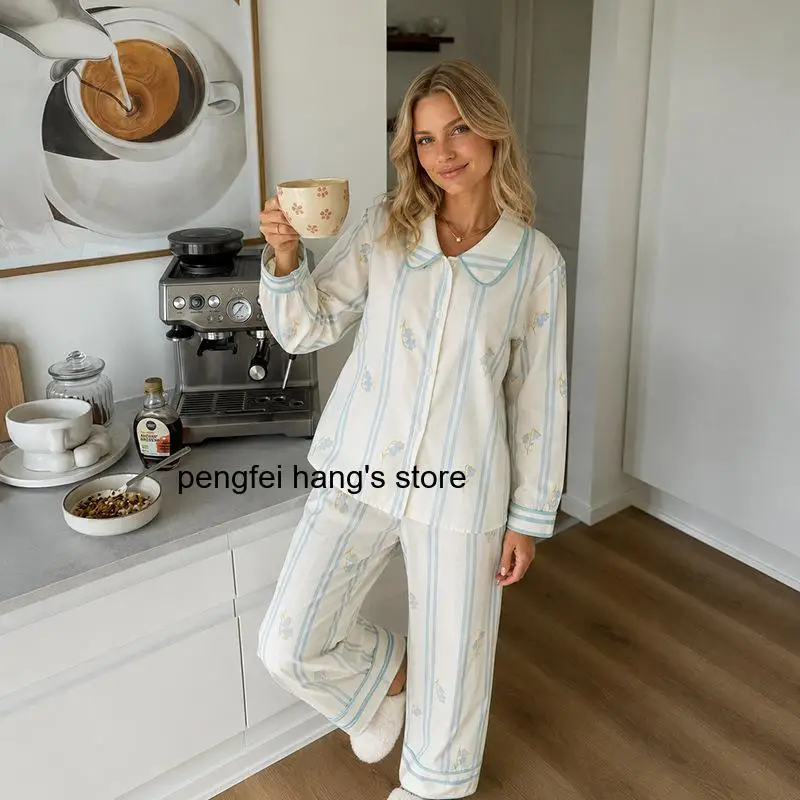 Women Classic Striped Lapel Pajama Set Spring Autumn Long Sleeve Two Piece Outfit Soft Comfort Casual Home Wear Sleep Loungewear