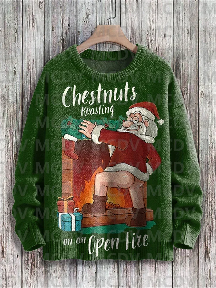 Pull de Noël en tricot décontracté, châtaignes du Père Noël mignonnes, rôtissage sur un feu ouvert, motif d'art imprimé