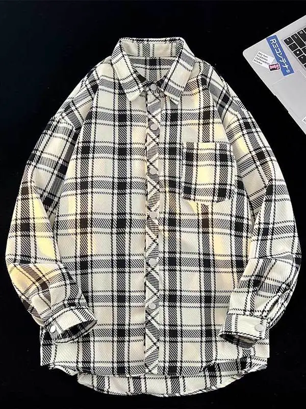 

Hong Kong Style Plaid Long Sleeve Men's Shirt Spring Autumn Loose Fit Retro Design Outerwear Polyester Fiber Youth Outdoor