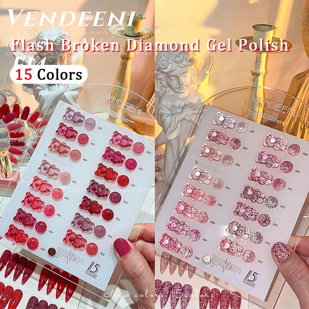 

Vendeeni 15 Colors/Set Pink Glitter Broken Diamond Gel Nail Polish Sparkling UV Soak Off Gel Varnish Flash Nail Art Gel Lacquer