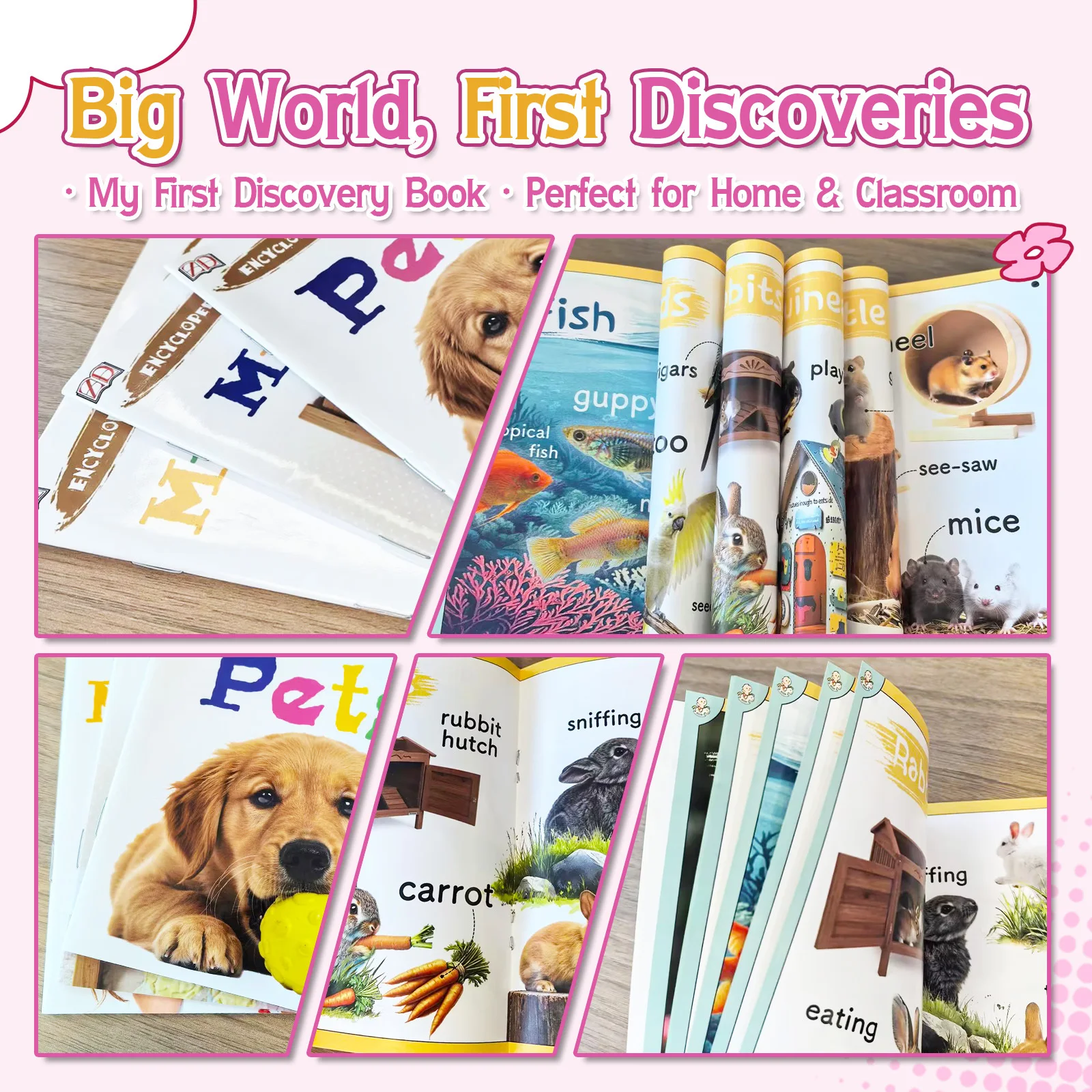 3-Book Kids' Pets, My Body and My Life Picture Book Set, Large-Print Photo Vocabulary and Everyday Learning Books