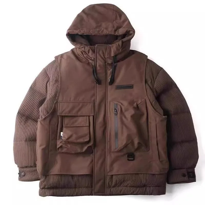 

In 2026 Winter New Fashion Outdoor Splicing Tooling Hooded Down Jacket Men's High Street Loose Large Size Couple Jacket