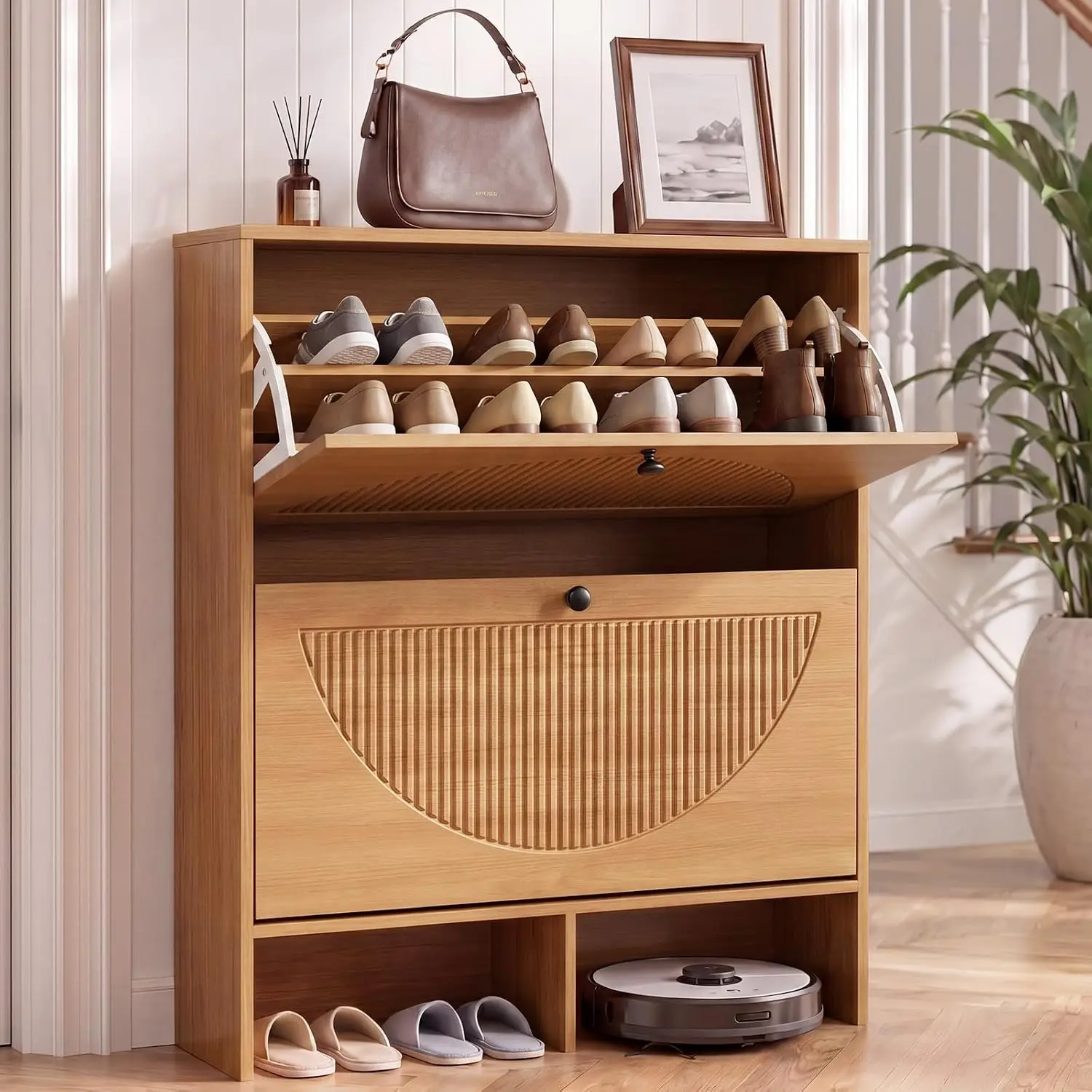 Shoe Cabinet 2 Flip Drawers, Narrow Entryway Storage, Freestanding Organizer Adjustable Shelves & Anti-Tip Device,  Customized