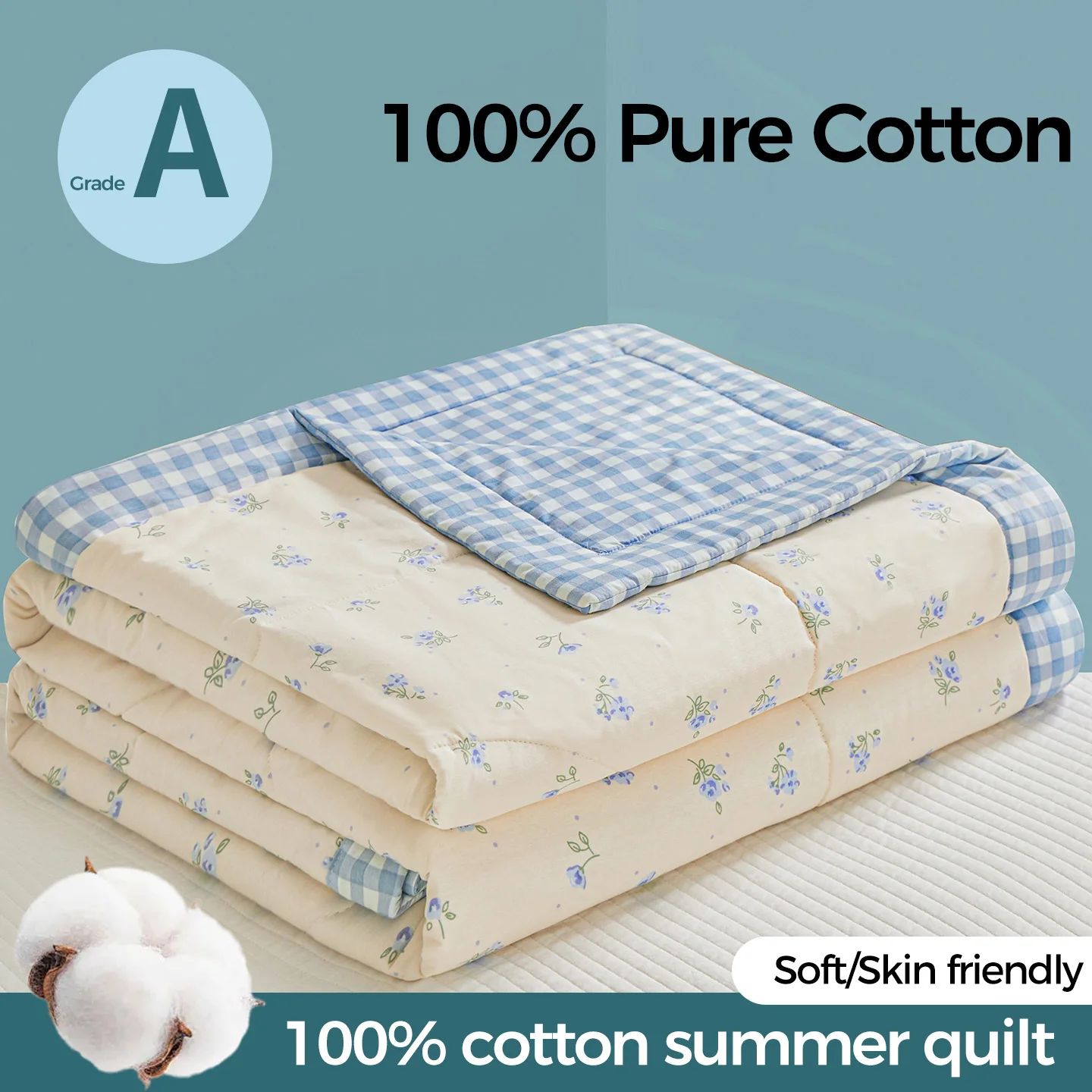 Juego de Edredón y Fundas de Almohada de Verano 100% Algodón o Solo Edredón, Edredón Ligero con Estampado Floral, Manta Delgada Acolchada para Aire Acondicionado