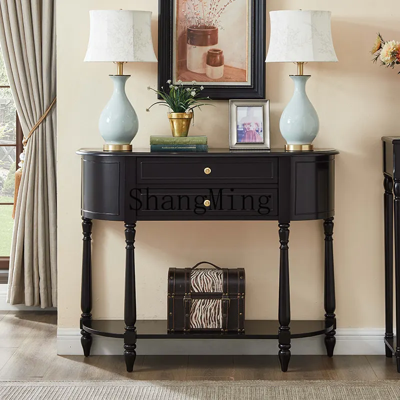 FG black side cabinet, all solid wood semicircular entrance cabinet, retro entrance table