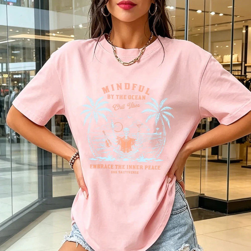 Mindful By The Ocean Graphic Tee Chill Vibes Skeleton Palm Tree Inner Peace Men Women Fashion Top Summer Cotton Short-sleeve Tee