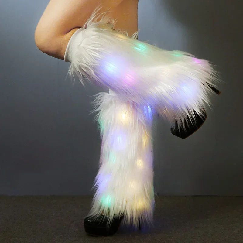 

Club Lighted Performance Fluffy Female Long Imitation Wool Leg Fur Stage Socks Exaggerated Disco High 40cm Boots Plush Guards