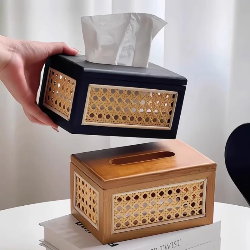 

Japanese Style Solid Wood Tissue Box Hand Woven Rattan Paper Box Vintage Home Living Room Dining Room Decoration Tissue Box