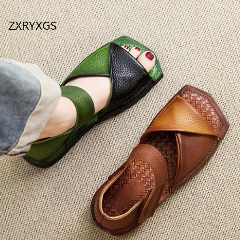 

ZXRYXGS 2026 Full Cowhide Spell Color Women Genuine Leather Sandals New Summer Fashion Sandals Flat Soft Non-slip Roman Sandals