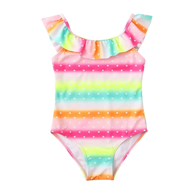 Rainbow Falbala Print Kids Girls Swimwear 2024 Kid Children Baby One Piece Swimsuit Beach Wear Halter Girl Bathing Suit Monokini