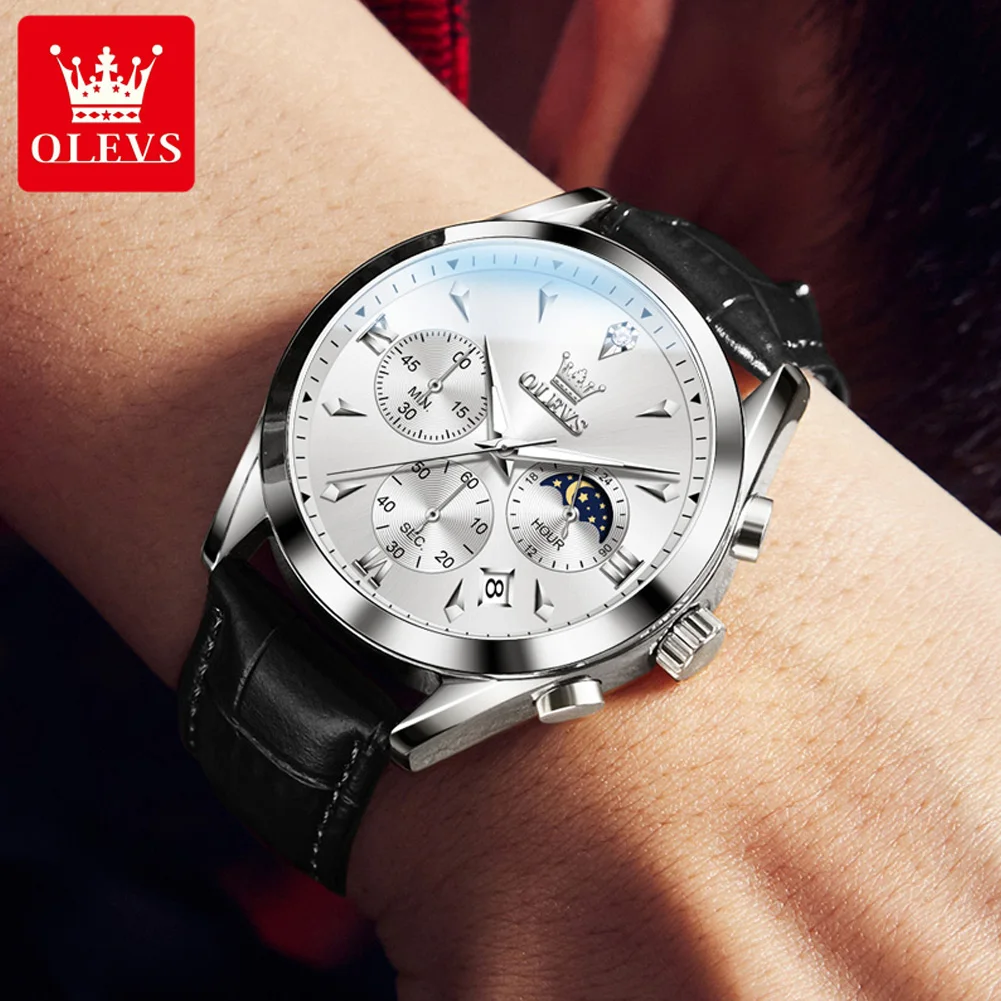 OLEVS 3609 Moon Phase Original Man Wristwatch Chronograph Quartz Watch For Men Waterproof Luminous Luxury Business Watches 2024