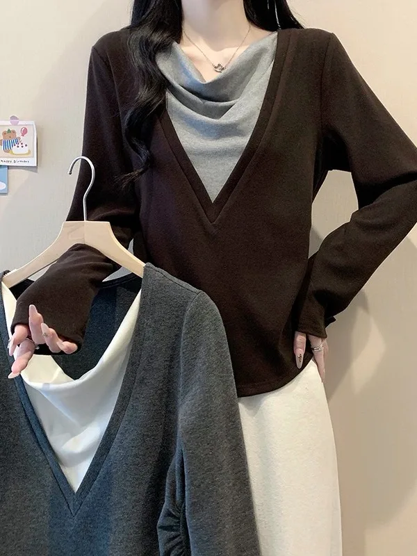 

Женская винтажная многослойная футболка больших размеров с длинным рукавом, имитация двухслойности, с отложным воротником, базовый топ, весна-осень-зима