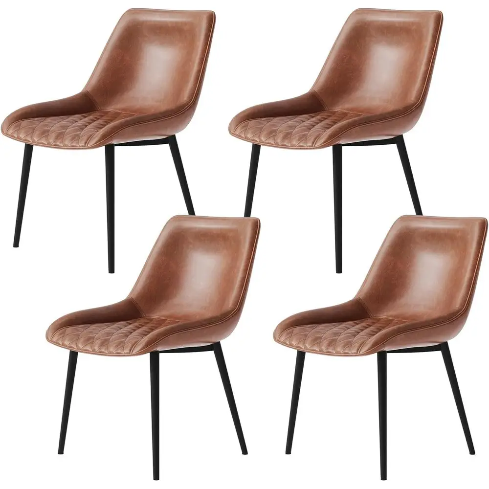 

Комплект из 4 обеденных стульев в стиле Mid-Century Modern с кожаной обивкой, изогнутыми спинками, стегаными сиденьями и металлическими ножками, коричневый цвет.