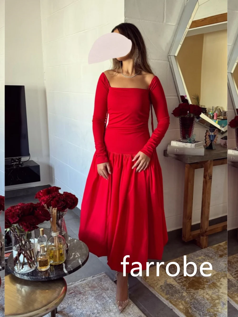 Robe de Soirée Mi-Longue à Plis en Jersey Personnalisé, Ligne A, Col Carré, Décontractée, Simple, Mode Rétro, Élégante, Exquise