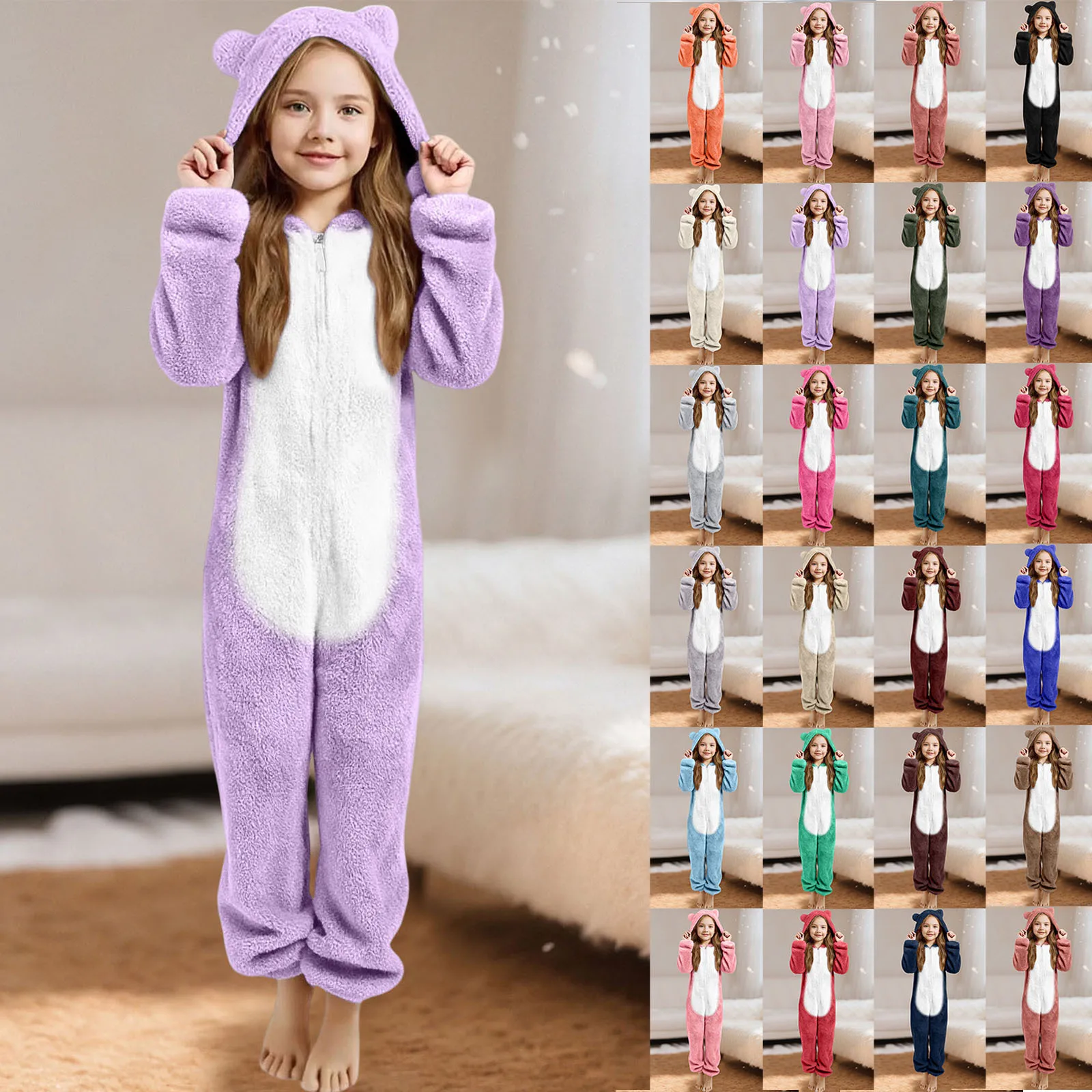 

Kids Plush Romper Winter Coral Fleece Jumpsuits Pajamas Long-sleeve Zipper Hooded Keep Warm Boy Girls Sleepwear Homewear