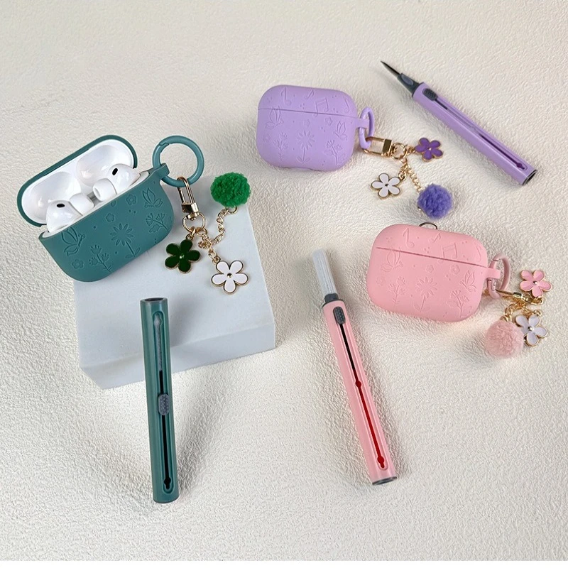 

Scratch-Resistant Floral Butterfly Case with Chain & Cleaning Pen For Apple AirPods Pro 3 – 3D Embossed Earphone Shell
