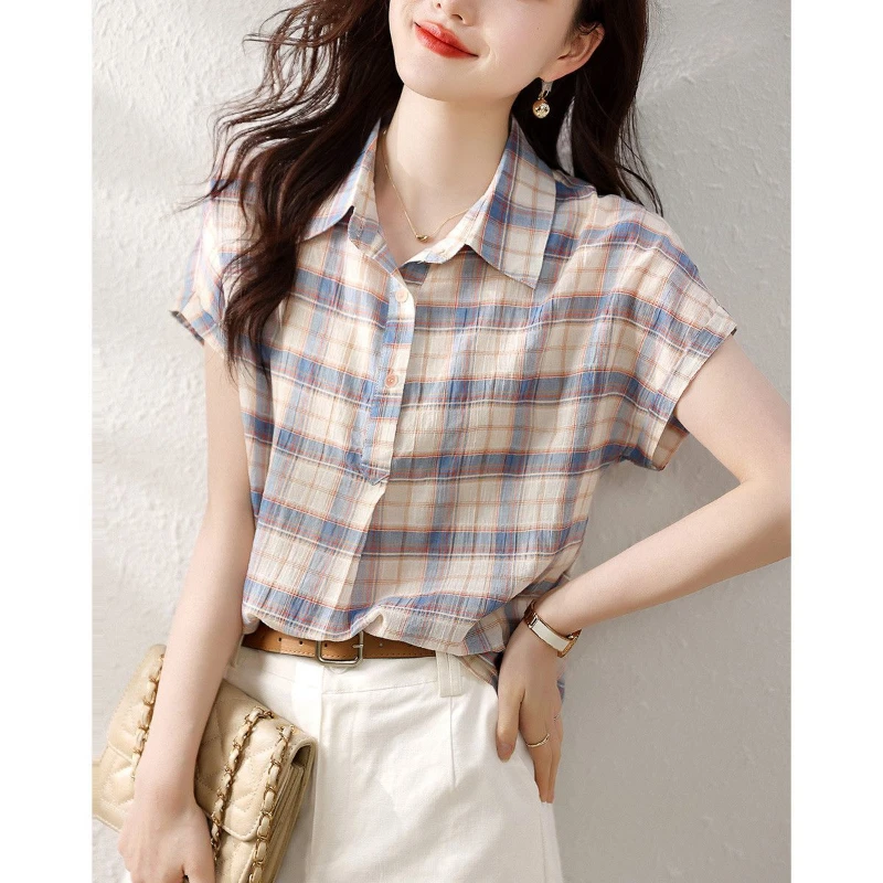 Turn-down Collar Summer Women\'s Clothing Chiffon Cardigan Plaid Striped Button Short Sleeve T-shirt Casual Colorful Retro Tops