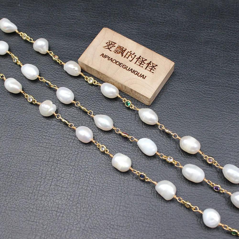 

1 Meter 11mm White Keshi Pearl CZ Gold Plated Copper Fashion Bezel Set Chain Paperclip Neck Chain Pearl Necklace Making