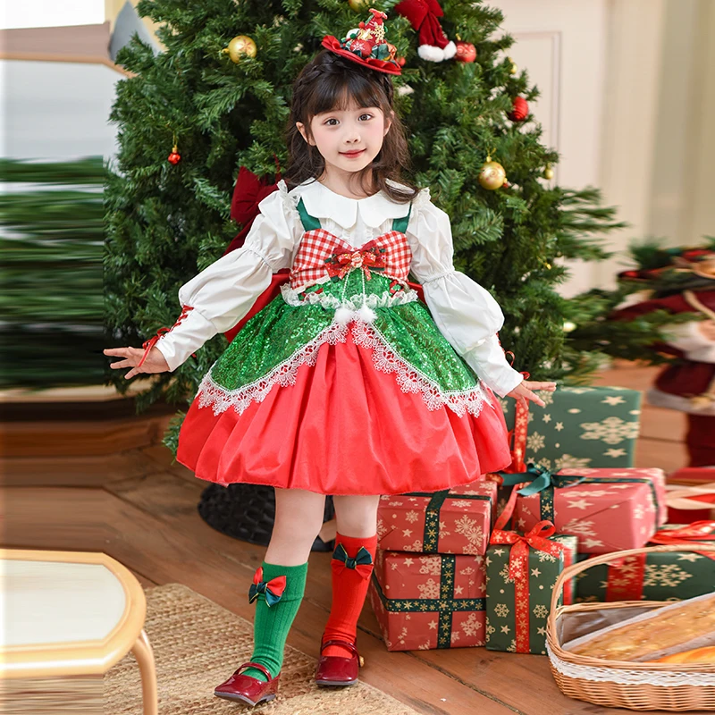 Christmas Girls Lolita Princess Dress Lace Party Dress Bow Decoration Red Dress Ruffled Tutu Skirt Layered Dress Festival Gift