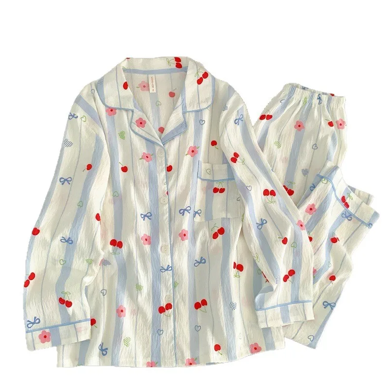 2026 جديد سحابة القطن الكرتون عادية لطيف طويلة الأكمام السراويل قطعتين المرأة المنزل دعوى مجموعة مخطط الكرز القوس طباعة ملابس خاصة #5