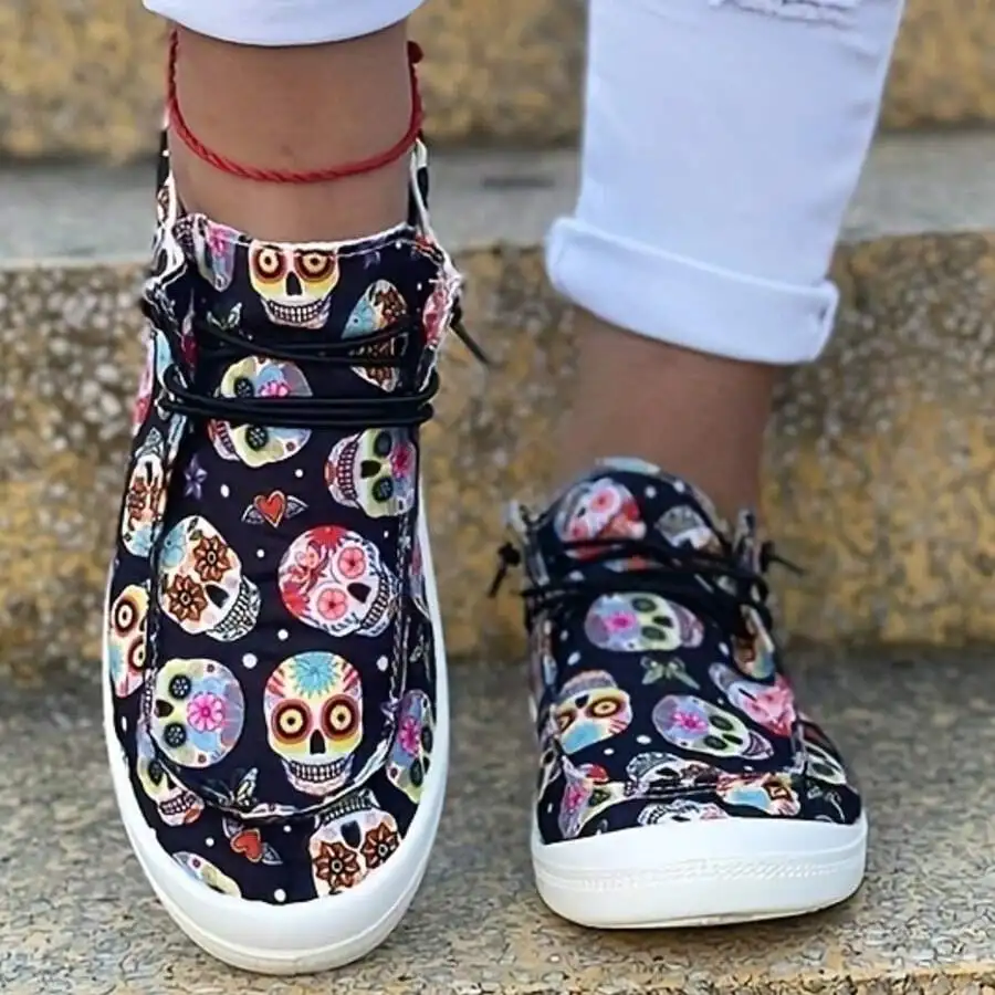 

Womens Skull Print Canvas Flats Comfortable Lace-Up Casual Shoes