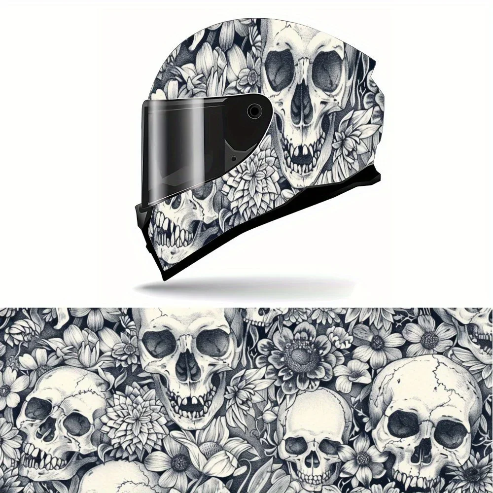 Adesivo de Vinil Retrô para Capacete de Moto com Estampa de Caveira e Floral, Película Decorativa Autoadesiva Impermeável e Anti-Risco para Cobertura 