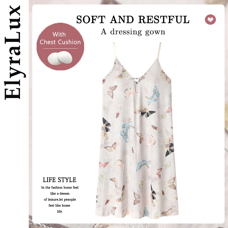 

ElyraLux Women's Sleepwear Cotton Princess Dress Spaghetti Strap Nightgown Cute Print Pajamas One-piece Soft Elegant Home Dress