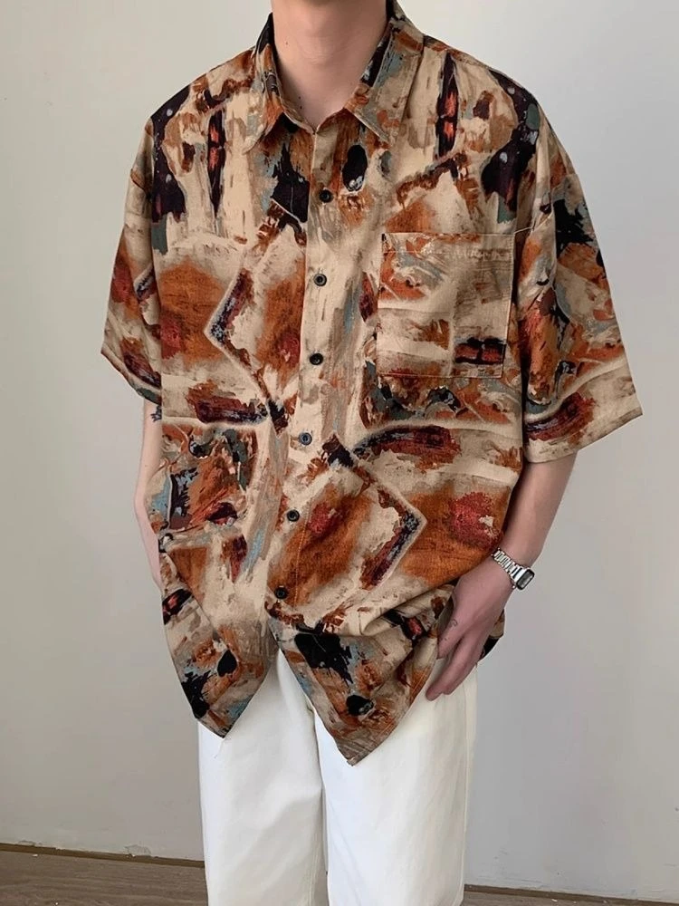 

Men Japanese Vintage Tie Dye Loose Short Sleeve Shirt Unisex Casual Lightweight Cardigan Open Front Outerwear Couple Matching