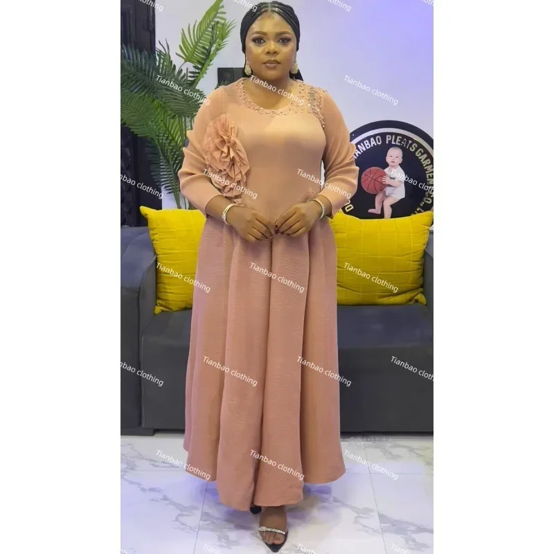 فستان مياكي فضفاض بطيات بلون سادة، فستان نسائي أنيق مصنوع يدويًا من الدانتيل والماس