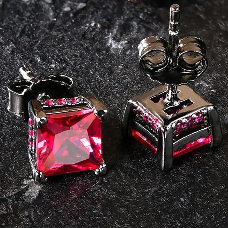 Red Crystal Square Stone Hip Hop Earring Vintage Black Gold Silver Color Earrings For Women Men Wedding Studs Engagement Jewelry