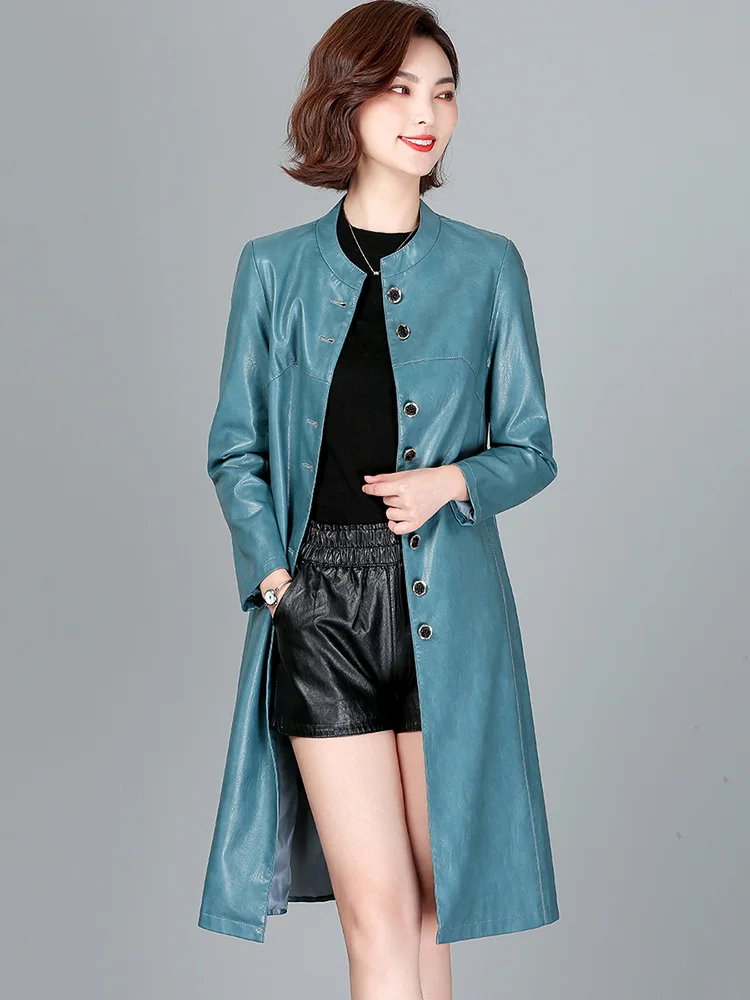 New Women Casual Leather Coat Spring Autumn Fashion O-Neck Single Breasted Sheepskin Coat Loose Long Outerwear Split Leather