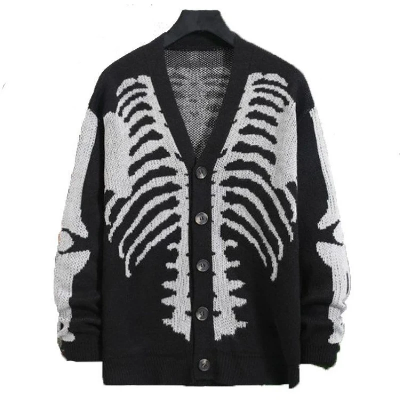 

2024 Harajuku Autumn/Winter Men's Halloween Skull Printed Long Sleeve Cardigan V-neck Button Down Jacket y2k Retro Sweater