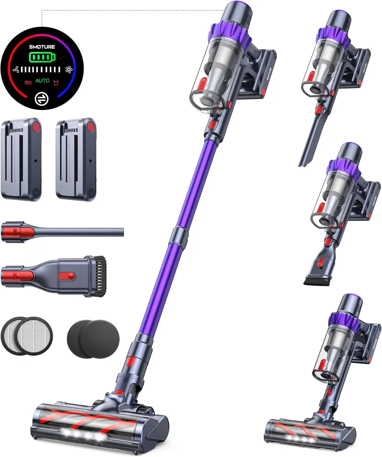 Cordless Vacuum Cleaner with 2 Batteries, 110 Min Runtime, 45KPA Suction for Pet Hair & Carpets