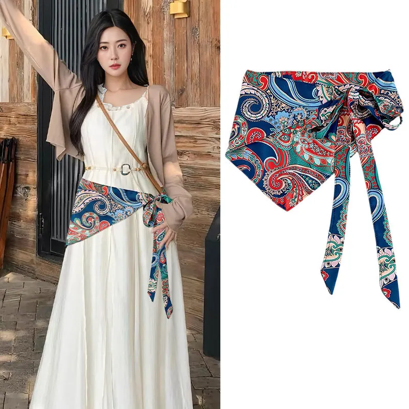 Bufanda triangular de flor de anacardo, ropa apilada para mujer, accesorios de alta gama, bufanda de seda de estilo étnico, cinturón, sello de cintura.