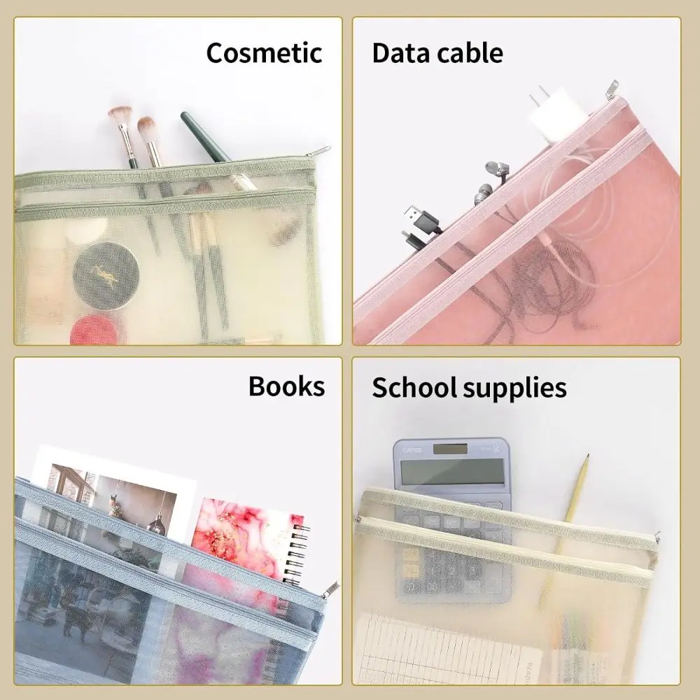 حقيبة تخزين A4/A5 بسحاب بطبقة مزدوجة حقيبة أقلام رصاص شبكية مع مقبض حقائب مكياج لمستحضرات التجميل لألعاب المكاتب المدرسية