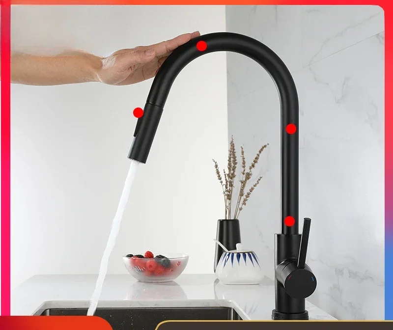 Bathroom Accessories: Black Stainless Steel Sensor Touch Universal Telescopic Pull-out Kitchen Hot and Cold Water Faucet