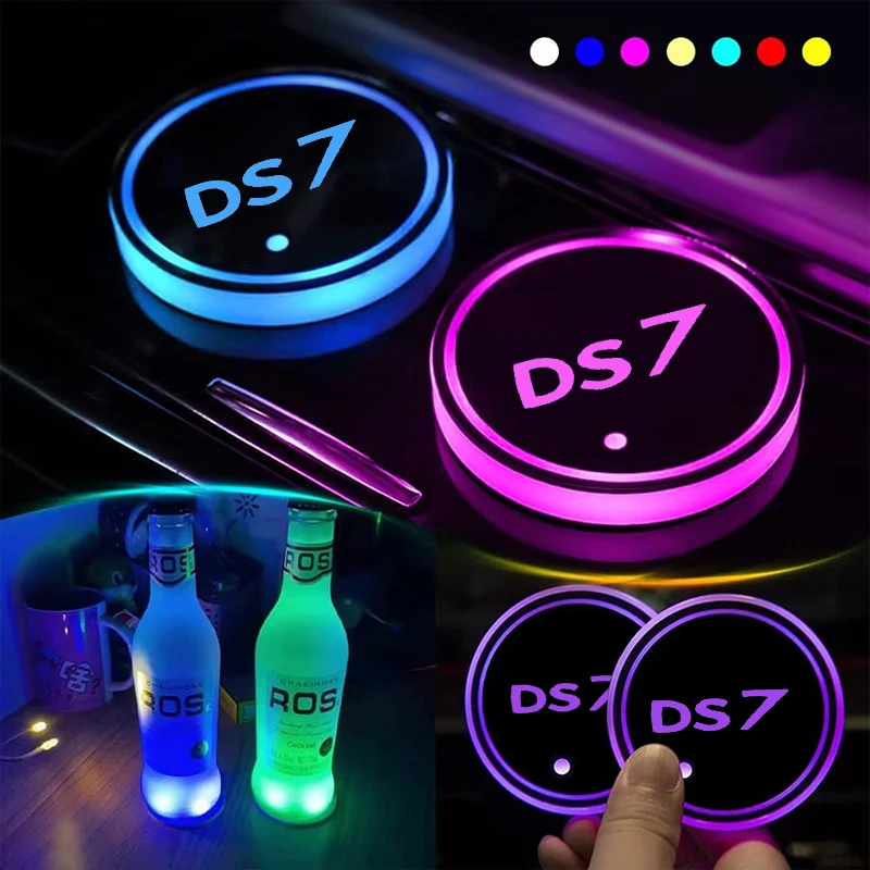 

7Colors LED Atmosphere Lights Car Cup Holder Pad Changing USB Luminous Coaster For Citroen DS7 Logo Auto Accessories