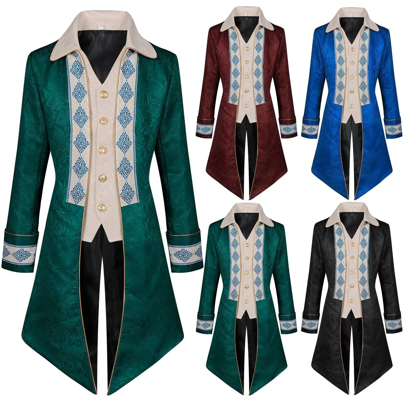 Mens Steampunk Vintage Embroidery Tailcoat Jacket Gothic Victorian Frock Coat Uniform Renaissance Halloween Costume Homme