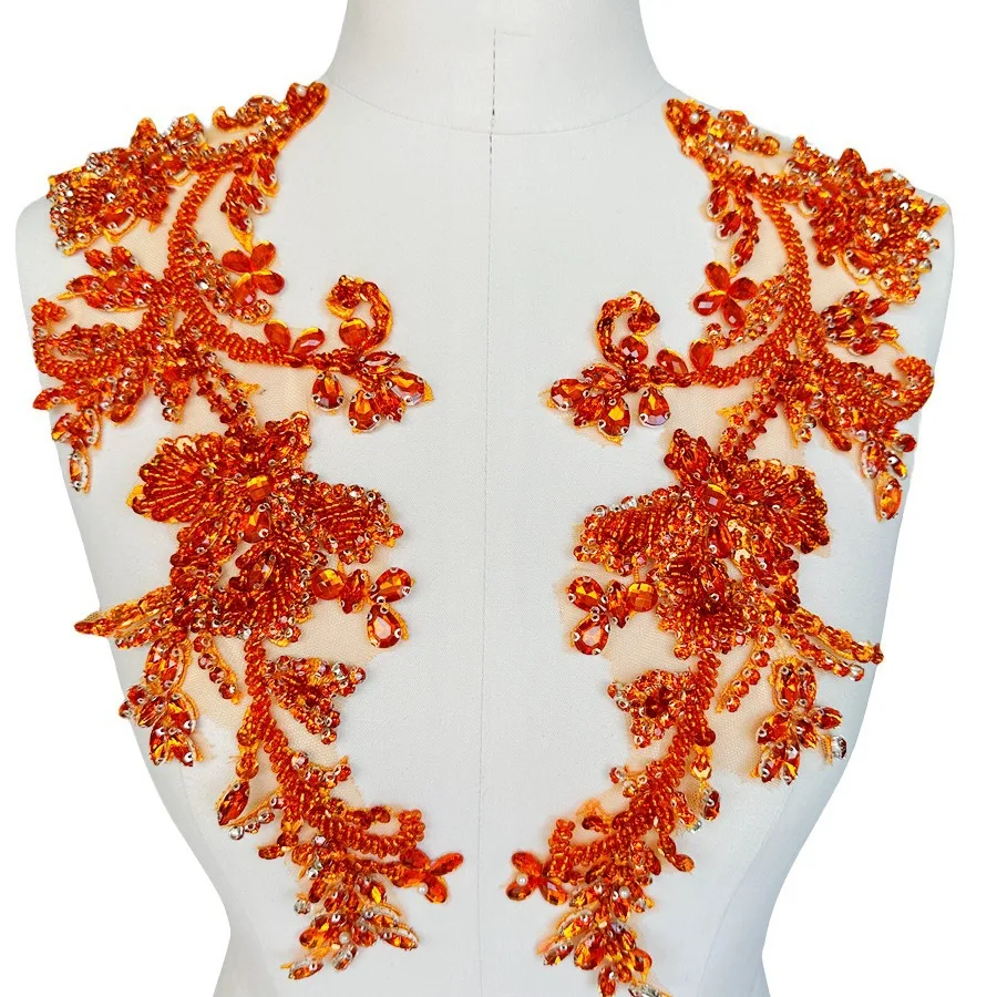 Handmade rhinestone lace appliqué patches, dress embroidery, garment accessories, fabric patches