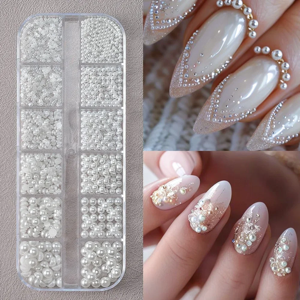 12Grids 3D Mixed White Pearls Nail Charms 0.15-0.5mm Round/Semicircle Pearl Beads Nail Art Rhinestones DIY Manicure Accessories