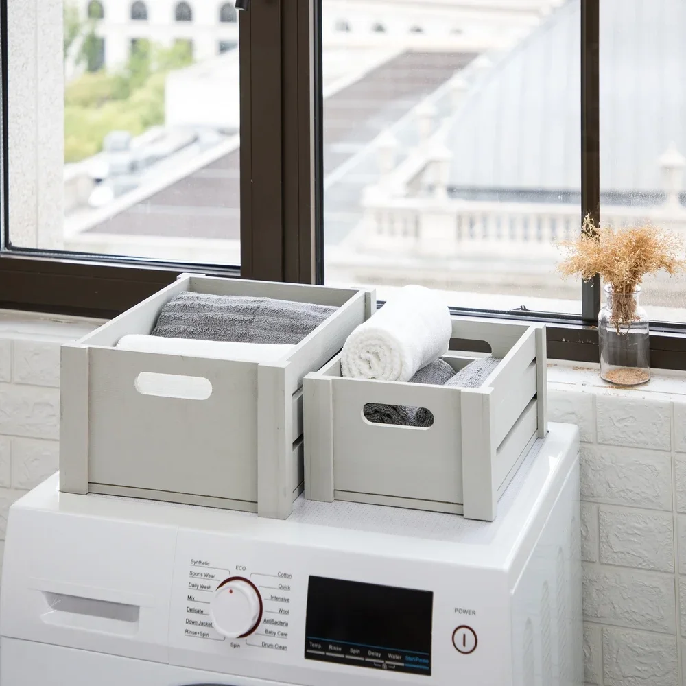 مجموعة سلة تخزين سلكية من الخشب الرمادي مكونة من قطعتين مع مقابض مقطوعة لتنظيم المنزل وتخزين العناصر الصغيرة