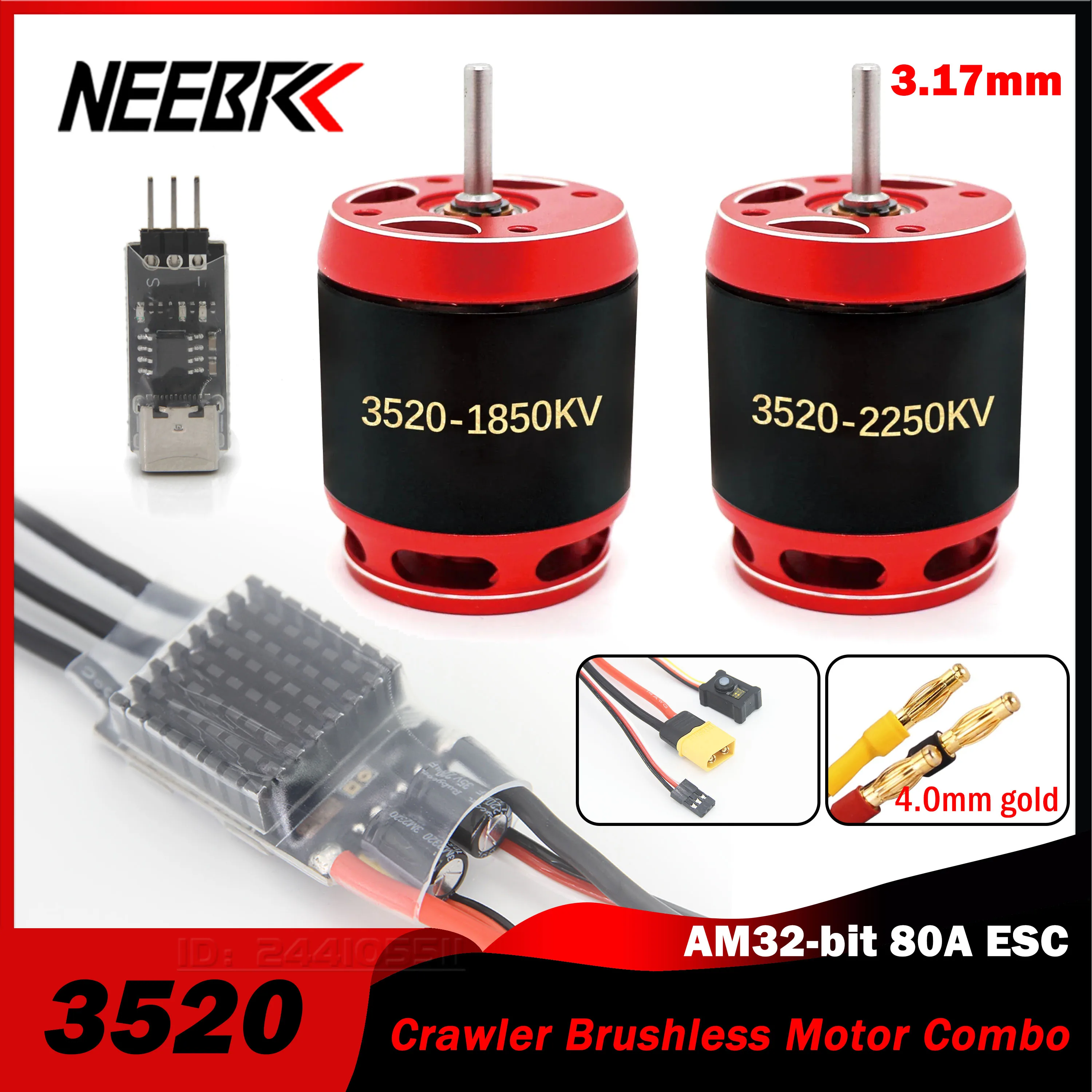 

NEEBRC 3520 Brushless Motor AM32 Programming 80A ESC BEC Outrunner 1850/2250KV for RC Crawler Car Axial Traxxas SCX10 TRX4 TRX6