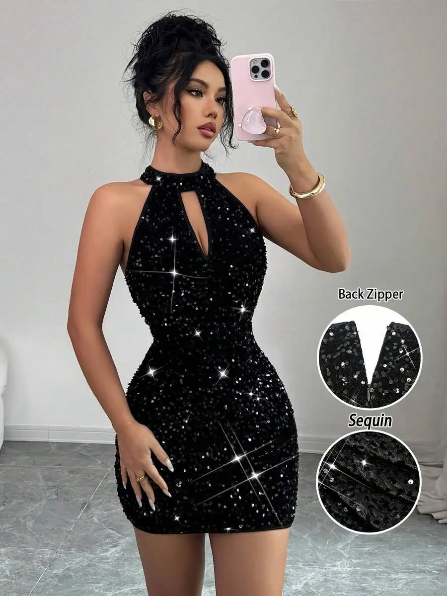 

Черное облегающее платье с пайетками и застежкой-молнией на спине, мини-платье без рукавов для вечеринок