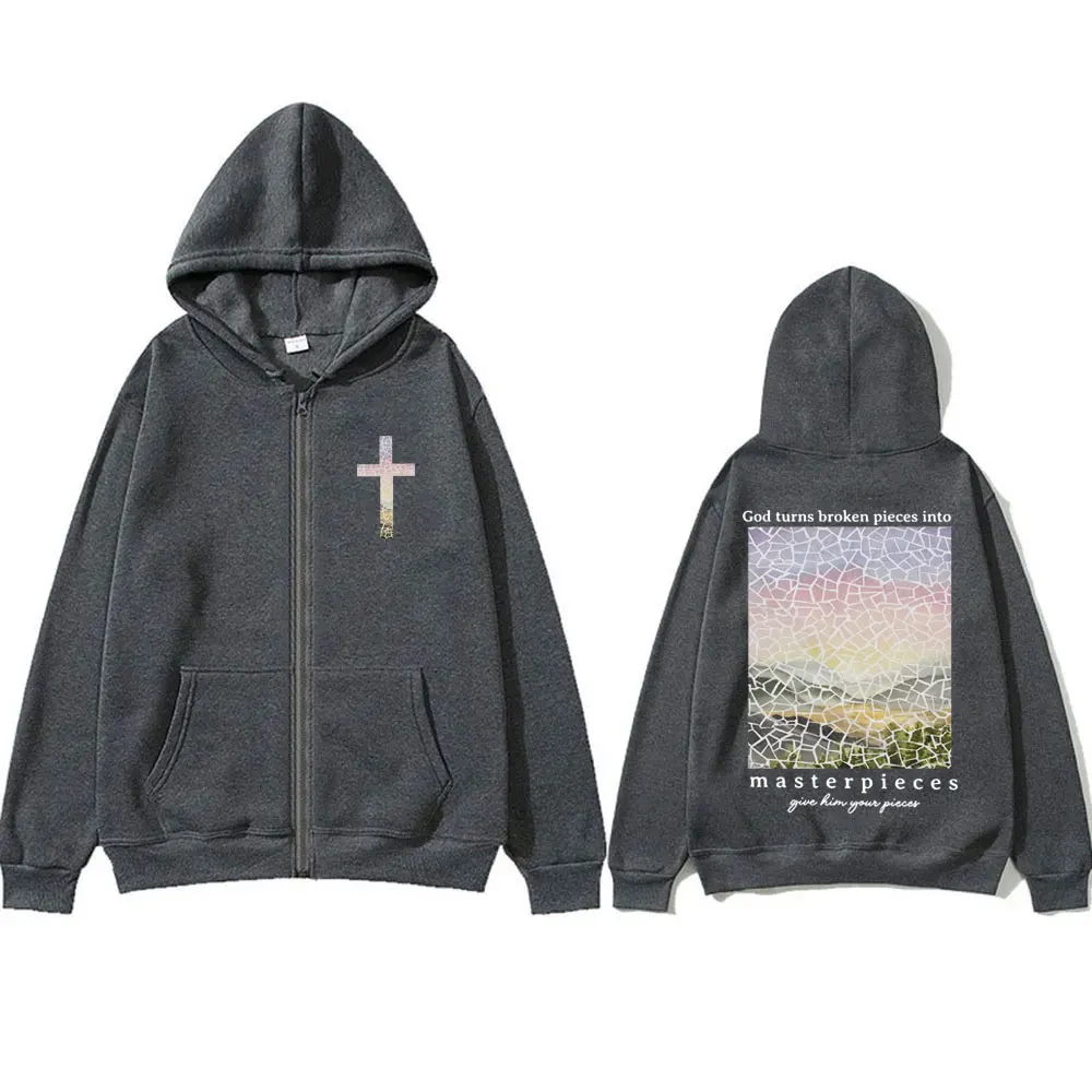 Christian Jesus God Turns Beoken Pieces Into Masterpieces Bible Verse Zipper Hoodie Men Women Fashion Oversized Zip Up Jacket