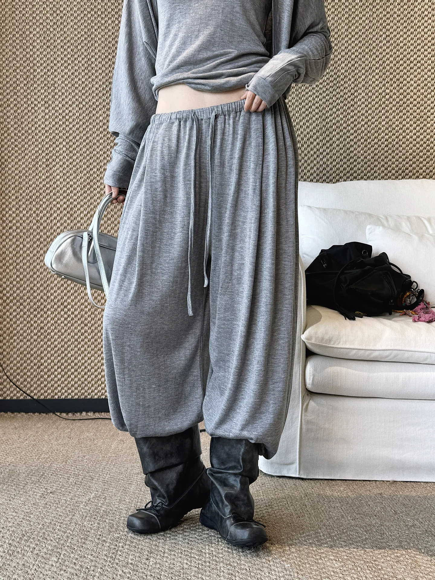 Summer new Parisian style elastic drawstring wide leg casual pants with loose drape and fresh long pants for women