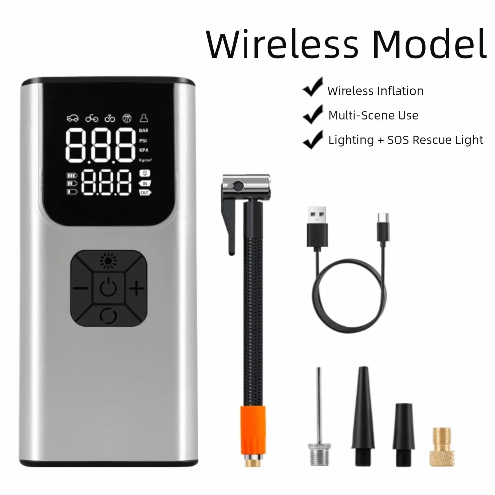 

Автомобильный компрессор-насос 150PSI 9-в-1 с LED-лампой, портативный, со встроенным манометром и автоматическим отключением