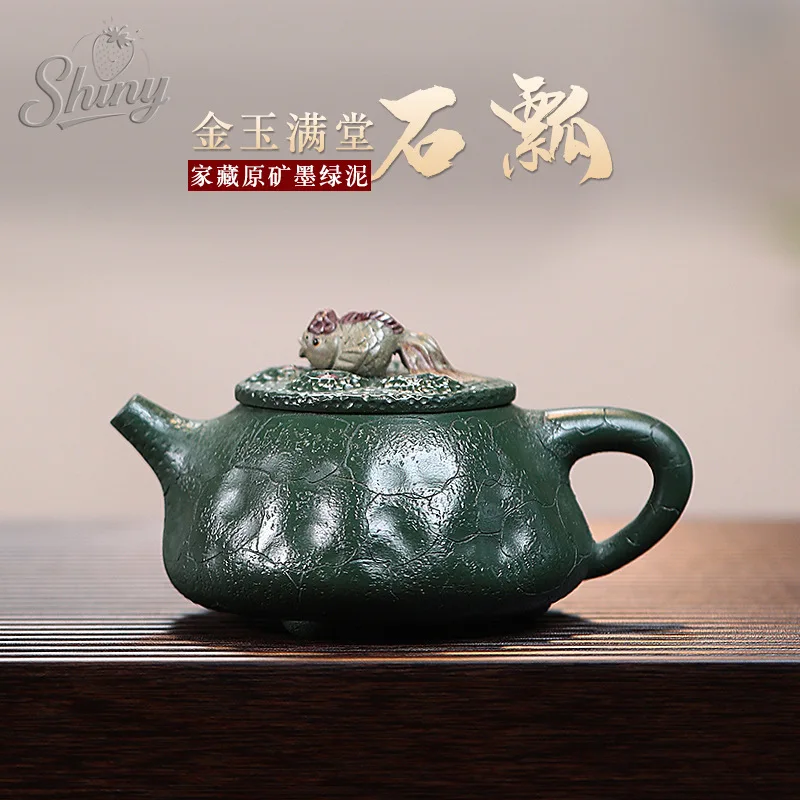 

Ink Green Clay Handmade Purple Sand Pots Master Models Gold Jade Full of Stone Ladybug Tea Pot Kung Fu Tea Set