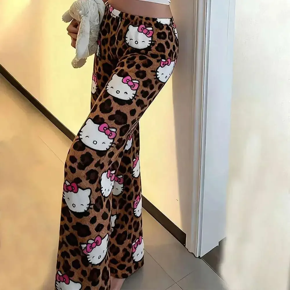 New HelloKitty Leopard Print Flannel Pajama Pants Womens Brown Wide Leg Soft Fleece Sleepwear Casual Home Trousers Gift