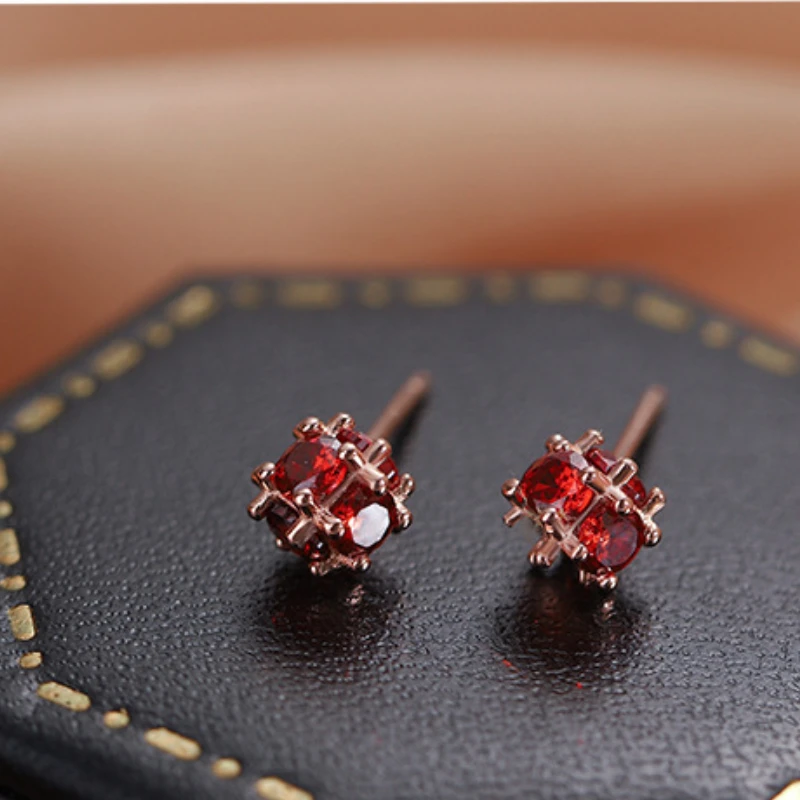 VOQ Silver Color Vintage Shiny Red Zircon Pierced Stud Earrings for Women Simple Chic Teen Daily Jewelry Earrings